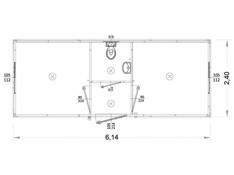 Ufficio prefabbricato con WC e lavabo, bagno centrale, 6 metri – K1